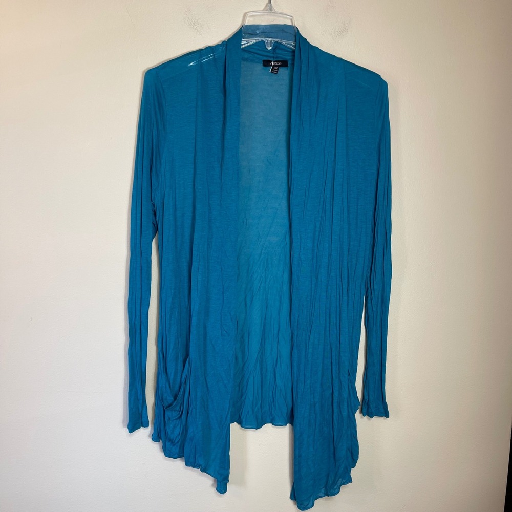 Active Womens Teal Blue Open Front Draped Cardigan 3XL Plus Size Rayon Pockets